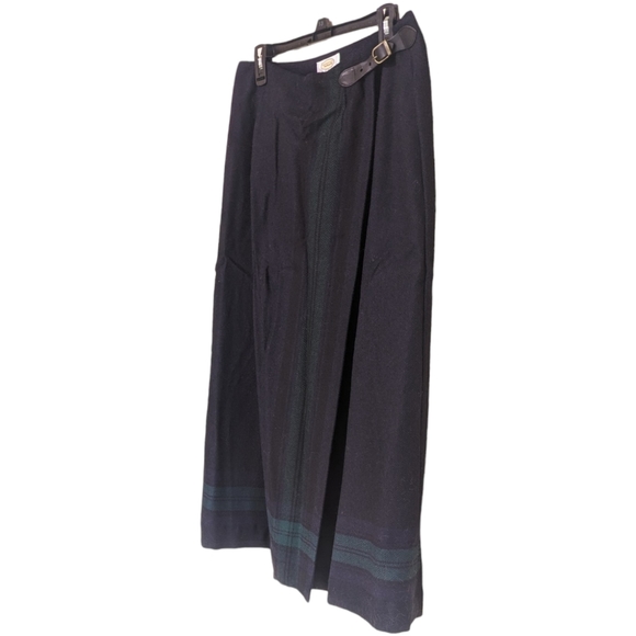 Dark navy and teal wool wrap skirt with belt detail - Picture 3 of 7